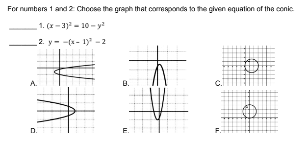 For numbers 1 and 2: Choose the graph that corresponds to the given equation of the conic.
1. (x – 3)? = 10 – y?
2. у %3D - (х- 1)? — 2
А.
В.
C.t
E.
F.
D.
