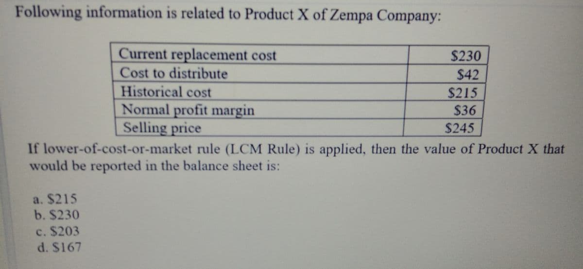 Following information is related to Product X of Zempa Company:
Current replacement cost
Cost to distribute
Historical cost
Normal profit margin
Selling price
$230
$42
$215
$36
$245
If lower-of-cost-or-market rule (LCM Rule) is applied, then the value of Product X that
would be reported in the balance sheet is:
a. $215
b. $230
c. $203
d. $167
