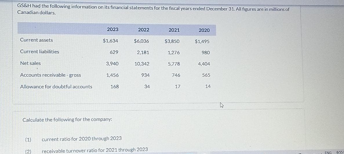 GS&H had the following information on its financial statements for the fiscal years ended December 31. All figures are in millions of
Canadian dollars.
2023
2022
2021
2020
Current assets
$1,634
$6,036
$3,850
$1,495
Current liabilities
629
2,181
1,276
980
Net sales
3,940
10,342
5,778
4,404
Accounts receivable - gross
1,456
934
746
565
Allowance for doubtful accounts
168
34
17
14
Calculate the following for the company:
(1)
current ratio for 2020 through 2023
(2)
receivable turnover ratio for 2021 through 2023
ENG
6:55
