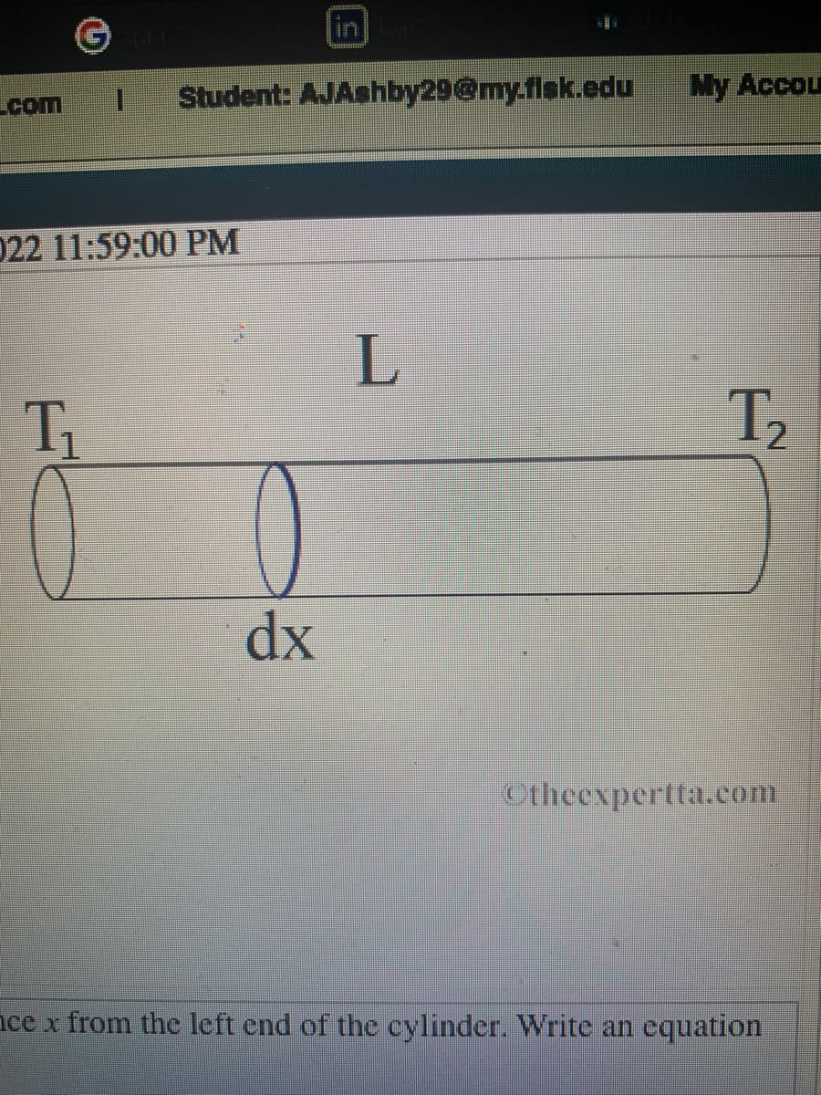 in
Student: AJAshby29@my.fisk.edu
My Accou
com
022 11:59:00 PM
T
dx
Otheexpertta.com
ace x from the left end of the cylinder. Write an cquation
