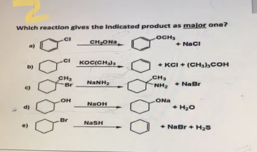 Which reactlon gives the Indicated product as major oe?
CI
OCH3
CH,ONa
+ NacI
a)
KOC(CH3)3
+ KCI + (CH3)COH
b)
CH3
Br
CH3
NH2
NANH2
+ NaBr
c)
OH
ONa
NaOH
+ H20
(P
Br
NASH
+ NaBr + H2S
