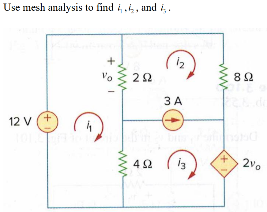 Use mesh analysis to find i ,i,, and i,.
iz
Vo
8Ω
ЗА
12 V
bru
4 2
+,
2vo
+
+)
