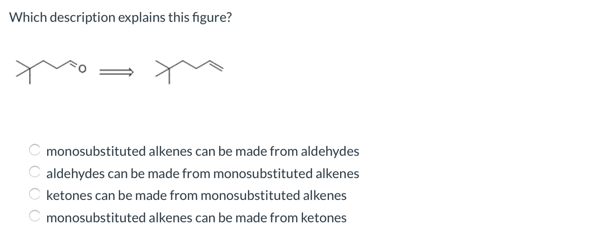 Which description explains this figure?
monosubstituted alkenes can be made from aldehydes
aldehydes can be made from monosubstituted alkenes
ketones can be made from monosubstituted alkenes
monosubstituted alkenes can be made from ketones
O O O O
