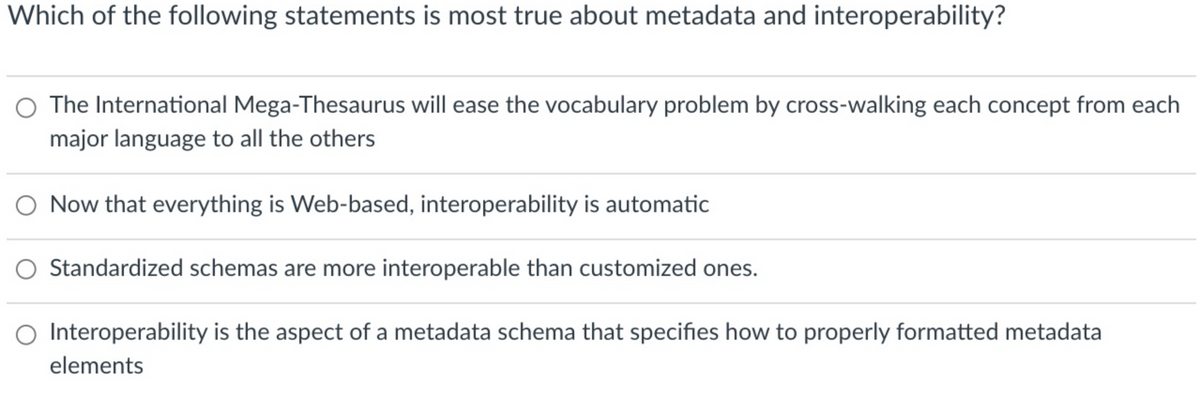 Which of the following statements is most true about metadata and interoperability?
The International Mega-Thesaurus will ease the vocabulary problem by cross-walking each concept from each
major language to all the others
O Now that everything is Web-based, interoperability is automatic
Standardized schemas are more interoperable than customized ones.
O Interoperability is the aspect of a metadata schema that specifies how to properly formatted metadata
elements