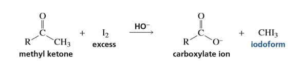 но-
+ I2
CHI3
`CH3
methyl ketone
excess
iodoform
carboxylate ion

