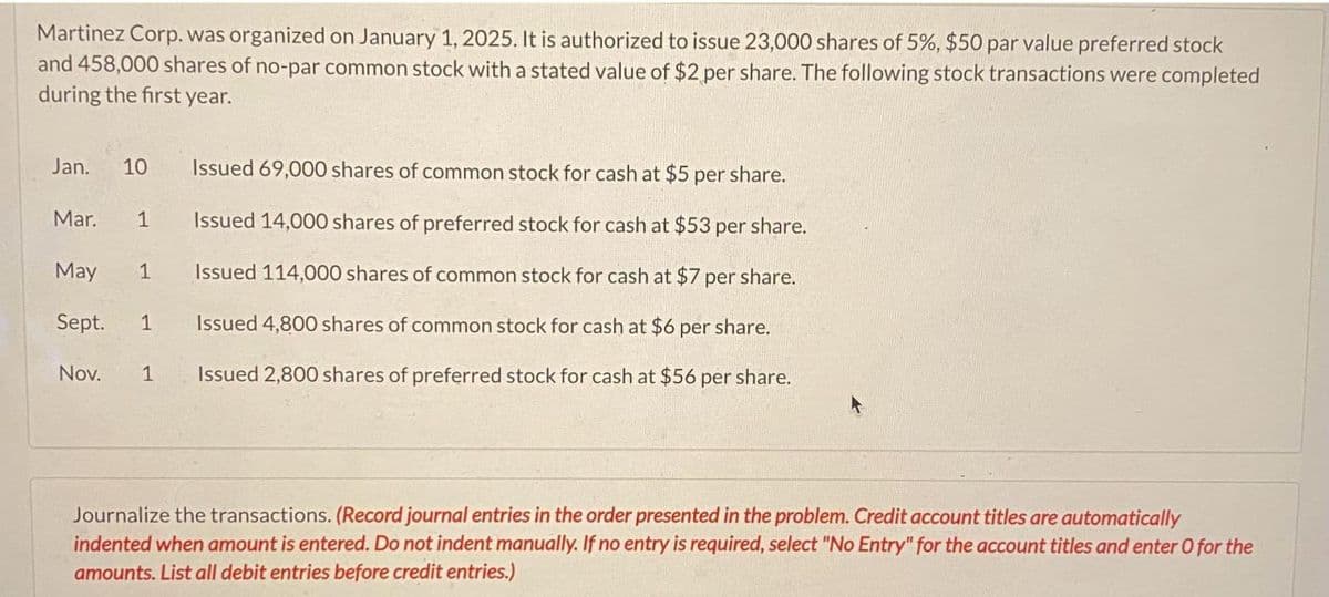 Martinez Corp. was organized on January 1, 2025. It is authorized to issue 23,000 shares of 5%, $50 par value preferred stock
and 458,000 shares of no-par common stock with a stated value of $2 per share. The following stock transactions were completed
during the first year.
Jan. 10 Issued 69,000 shares of common stock for cash at $5 per share.
Issued 14,000 shares of preferred stock for cash at $53 per share.
Issued 114,000 shares of common stock for cash at $7 per share.
Issued 4,800 shares of common stock for cash at $6 per share.
Issued 2,800 shares of preferred stock for cash at $56 per share.
Mar.
1
May
Sept. 1
1
Nov. 1
Journalize the transactions. (Record journal entries in the order presented in the problem. Credit account titles are automatically
indented when amount is entered. Do not indent manually. If no entry is required, select "No Entry" for the account titles and enter O for the
amounts. List all debit entries before credit entries.)