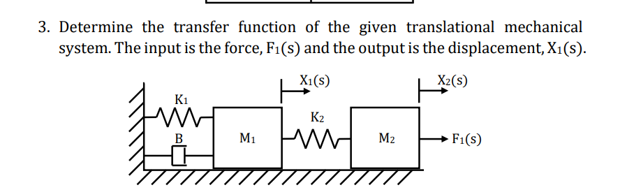 3. Determine the transfer function of the given translational mechanical
system. The input is the force, F₁(s) and the output is the displacement, X₁(s).
X1(s)
X2(s)
K1
fung
B
M₁
K₂
www M₂
F1(s)