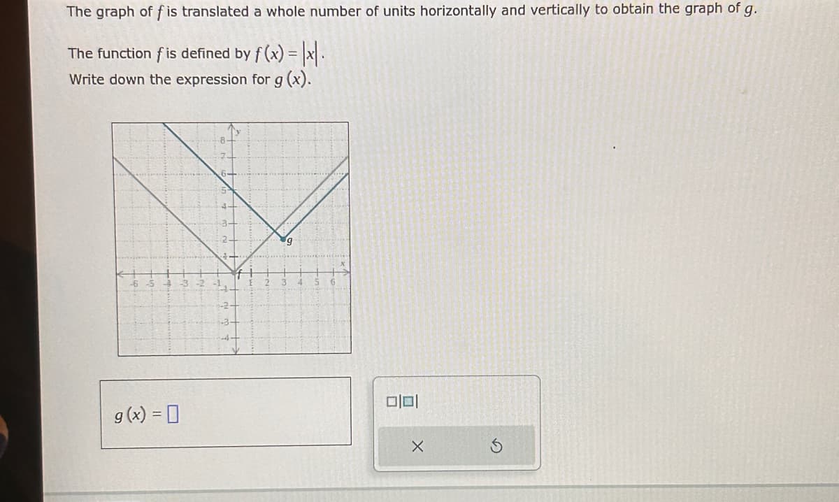 The graph of f is translated a whole number of units horizontally and vertically to obtain the graph of g.
The function f is defined by f(x) = |x|.
Write down the expression for g (x).
g(x) =
|0|0
X