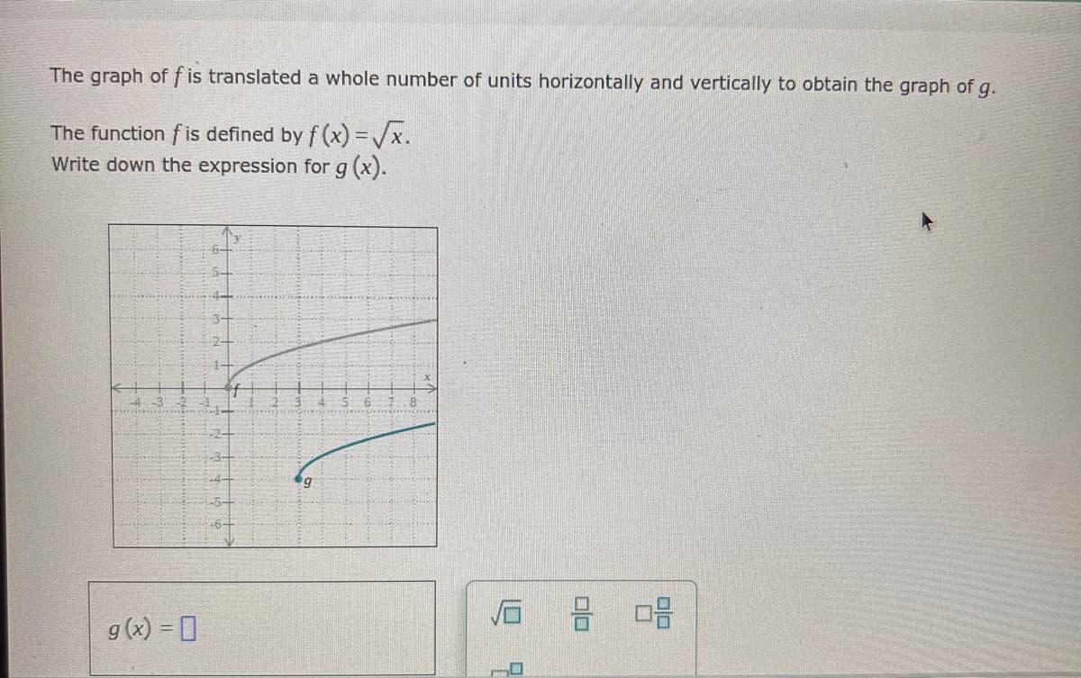 The graph of f is translated a whole number of units horizontally and vertically to obtain the graph of g.
The function f is defined by f(x)=√√x.
Write down the expression for g(x).
g(x) =
g
后。