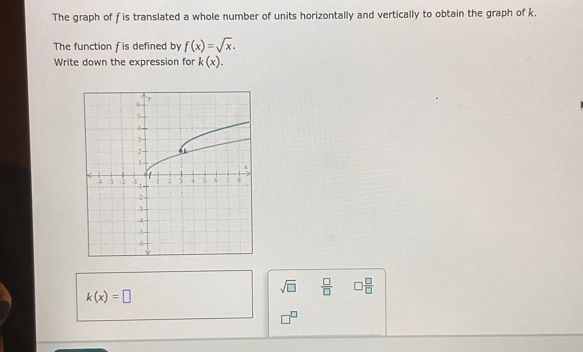 k(x) = []
The graph of f is translated a whole number of units horizontally and vertically to obtain the graph of k.
The function f is defined by f(x) = √x.
Write down the expression for k(x).
名句