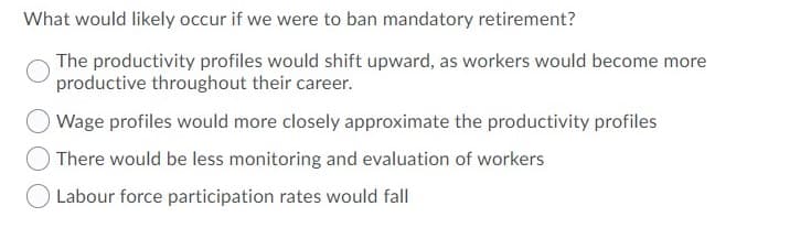 What would likely occur if we were to ban mandatory retirement?
The productivity profiles would shift upward, as workers would become more
productive throughout their career.
OWage profiles would more closely approximate the productivity profiles
There would be less monitoring and evaluation of workers
Labour force participation rates would fall
