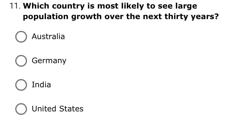 11. Which country is most likely to see large
population growth over the next thirty years?
Australia
Germany
India
United States
