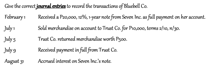 Give the correct journal entries to record the transactions of Bluebell Co.
February 1
Received a P20,000, 12%, 1-year note from Seven Inc. as full payment on her account.
July 1
Sold merchandise on account to Trust Co. for Pi0,000, terms 2/10, n/30.
July 5
Trust Co. returned merchandise worth P50o.
July 9
Received payment in full from Trust Co.
August 31
Accrued interest on Seven Inc's note.
