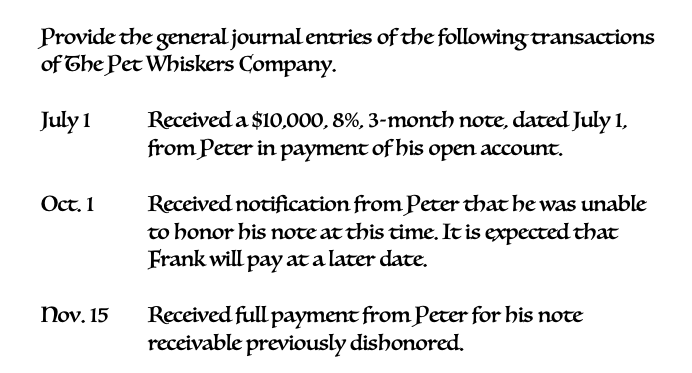 Provide the general journal entries of the following transactions
of The Pet Whiskers Company.
Received a $10,000, 8%, 3-month note, dated July 1,
from Peter in payment of his open account.
July 1
Oct. 1
Received notification from Peter that he was unable
to honor his note at this time. It is expected that
Frank will pay at a later date.
Received full payment from Peter for his noTe
receivable previously dishonored.
Nov. 15
