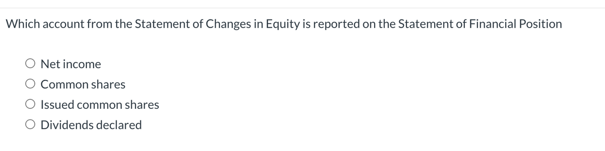 Which account from the Statement of Changes in Equity is reported on the Statement of Financial Position
Net income
Common shares
Issued common shares
Dividends declared
