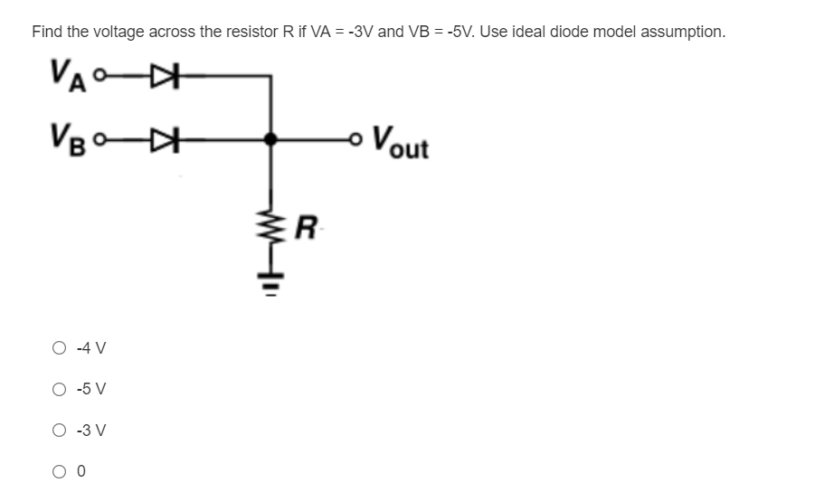 Find the voltage across the resistor R if VA = -3V and VB = -5V. Use ideal diode model assumption.
%3D
VA D
Vout
R
O -4 V
O -5 V
O -3 V
