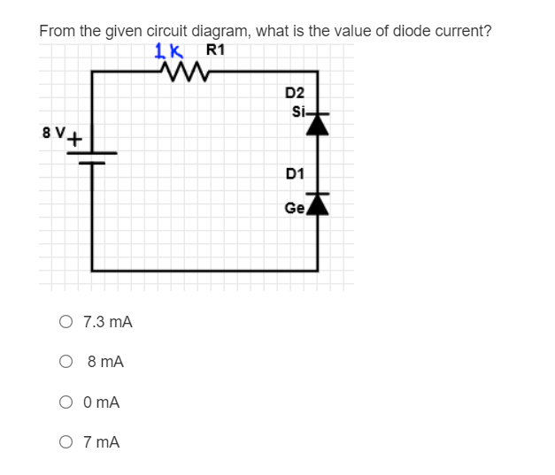 From the given circuit diagram, what is the value of diode current?
1k R1
D2
Si-
8 V+
D1
Ge,
O 7.3 mA
O 8 mA
O O mA
O 7 mA
