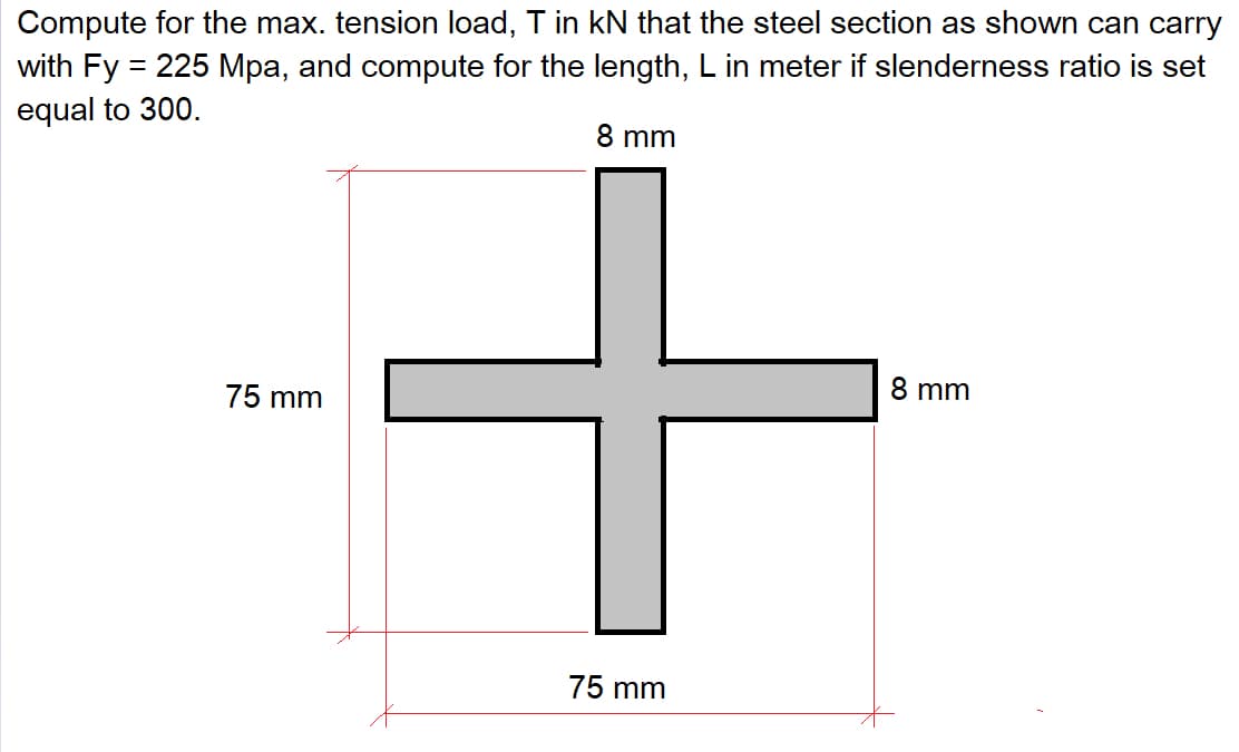 Compute for the max. tension load, T in kN that the steel section as shown can carry
with Fy= 225 Mpa, and compute for the length, L in meter if slenderness ratio is set
equal to 300.
8 mm
75 mm
+
75 mm
8 mm