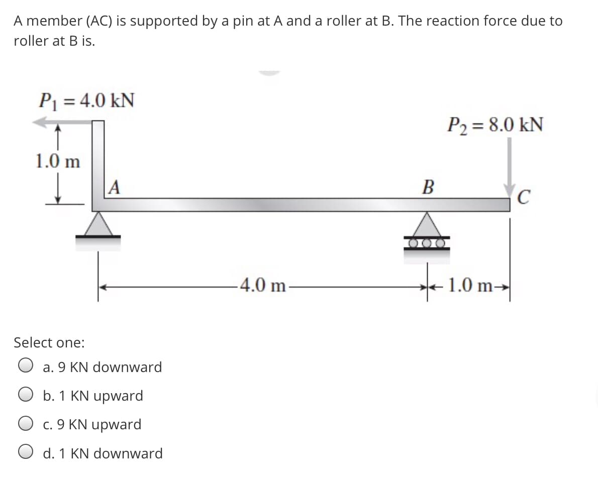 A member (AC) is supported by a pin at A and a roller at B. The reaction force due to
roller at B is.
P = 4.0 kN
P2 = 8.0 kN
1.0 m
A
В
-4.0 m
+1.0 m→
Select one:
a. 9 KN downward
O b. 1 KN upward
c. 9 KN upward
O d. 1 KN downward
