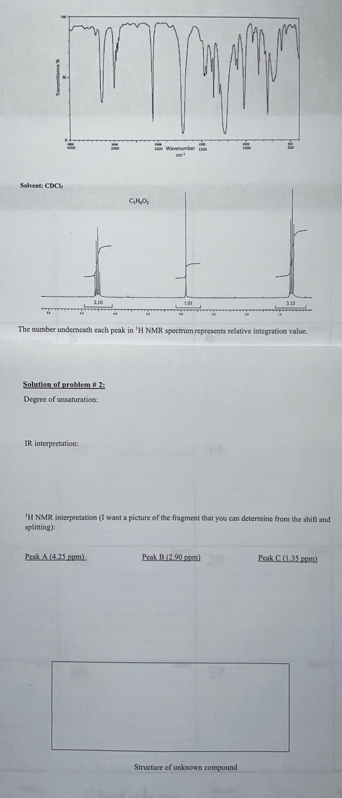 FAY
Solvent: CDC13
D
4830
4000
2.10
Solution of problem # 2:
Degree of unsaturation:
IR interpretation:
3000
3000
Peak A (4.25 ppm)
4,0
C5H602
POOR
1983
2000 Wavenumber 1500
cm 1
3.0
1.01
2.5
The number underneath each peak in 'H NMR spectrum represents relative integration value.
Peak B (2.90 ppm)
1000
1000
800
500
'H NMR interpretation (I want a picture of the fragment that you can determine from the shift and
splitting):
Structure of unknown compound
3.15
Peak C (1.35 ppm)