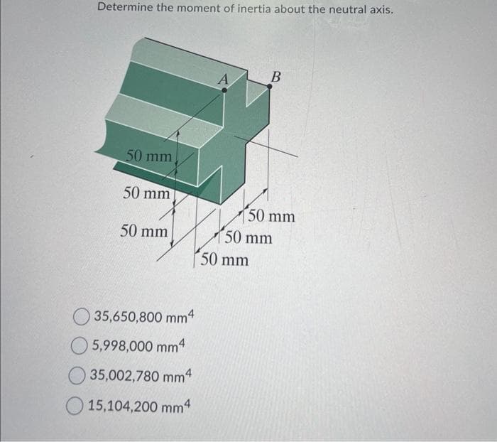 Determine the moment of inertia about the neutral axis.
50 mm
50 mm
50 mm
35,650,800 mm4
5,998,000 mm4
35,002,780 mm4
15,104,200 mm4
A
B
50 mm
50 mm
50 mm