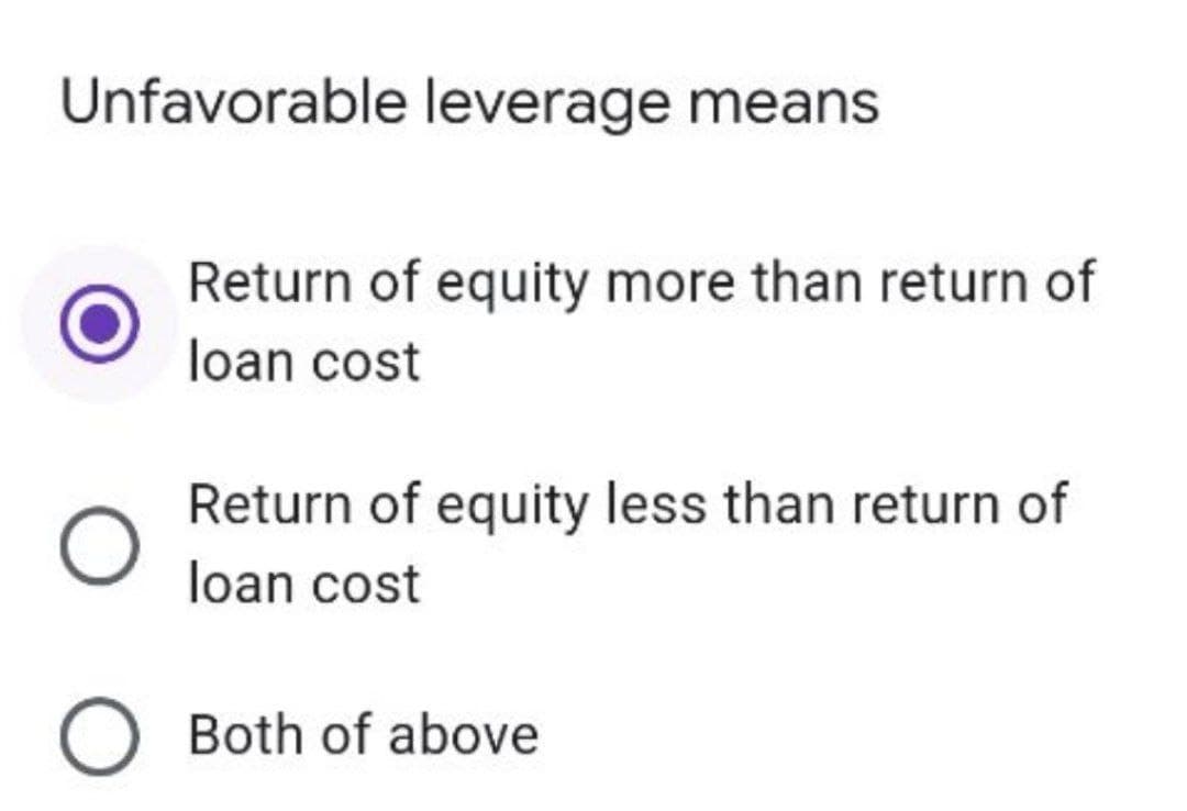 Unfavorable leverage means
Return of equity more than return of
loan cost
Return of equity less than return of
loan cost
O Both of above
