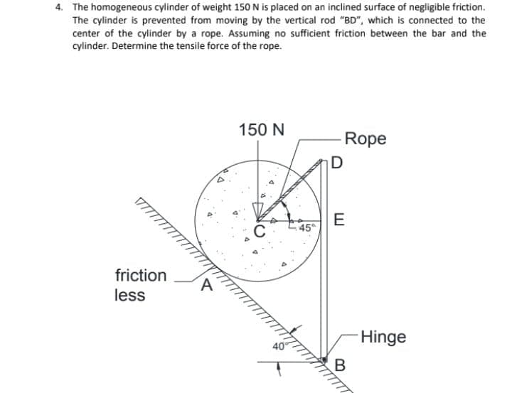 4. The homogeneous cylinder of weight 150 N is placed on an inclined surface of negligible friction.
The cylinder is prevented from moving by the vertical rod "BD", which is connected to the
center of the cylinder by a rope. Assuming no sufficient friction between the bar and the
cylinder. Determine the tensile force of the rope.
150 N
Rope
D
E
45
C
friction
less
Hinge
40
B
1777
