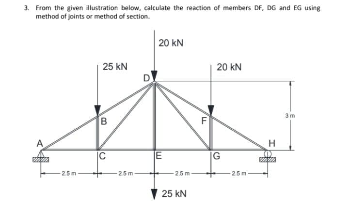 3. From the given illustration below, calculate the reaction of members DF, DG and EG using
method of joints or method of section.
20 kN
25 kN
20 kN
D
3 m
F
A
H
|C
E
|G
2.5 m
2.5 m
2.5 m
2.5 m
25 kN
