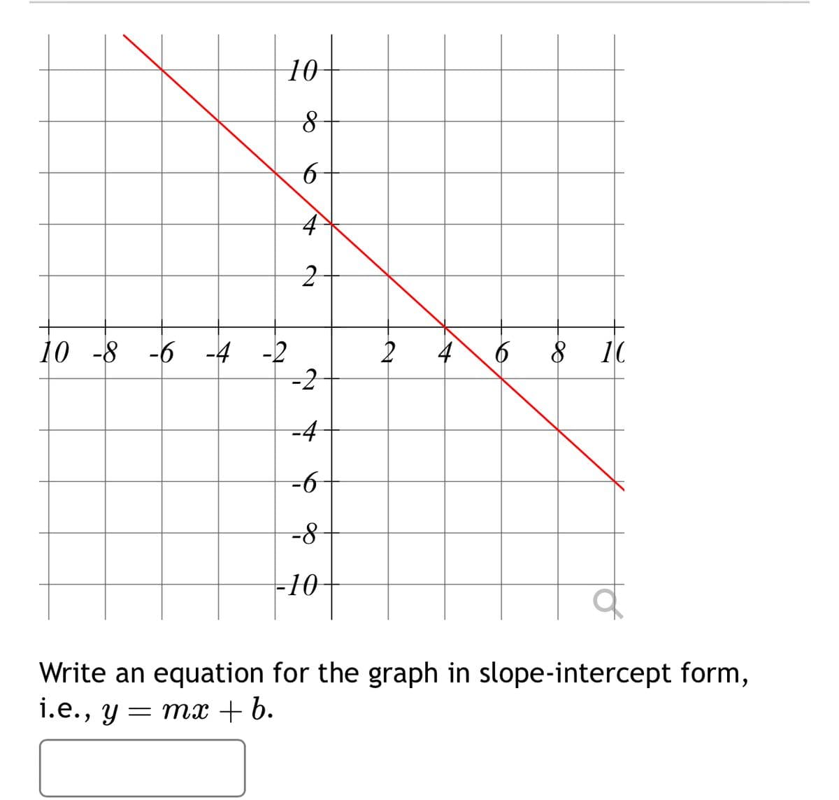 10
8
10
6
+
2
10 -8 -6-4
-2
2
4
6 8
10
-2
-4
-6
-8
-10
Write an equation for the graph in slope-intercept form,
i.e., y = mx + b.