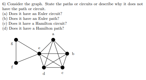 6) Consider the graph. State the paths or circuits or describe why it does not
have the path or circuit.
(a) Does it have an Euler circuit?
(b) Does it have an Euler path?
(c) Does it have a Hamilton circuit?
(d) Does it have a Hamilton path?

