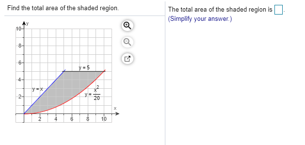 Find the total area of the shaded region.
The total area of the shaded region is
(Simplify your answer.)
10-
8-
6-
y = 5
4-
y=x
2-
20
10
