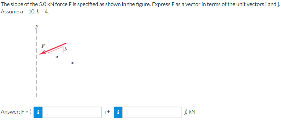 The slope of the 5.0 kN force F is specified as shown in the figure. Express F as a vector in terms of the unit vectors i and j.
Assume a = 10, b = 4.
Answer: F = (i
b
i+ i
j) kN