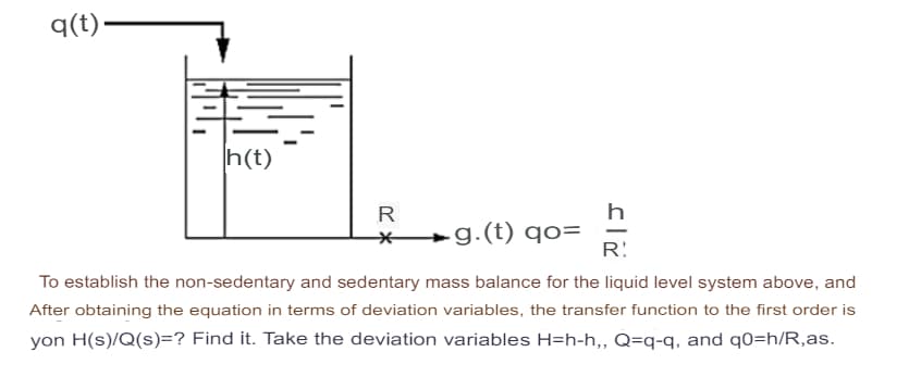 q(t).
h(t)
h
.g. (t) qo=
R!
To establish the non-sedentary and sedentary mass balance for the liquid level system above, and
After obtaining the equation in terms of deviation variables, the transfer function to the first order is
yon H(s)/Q(s)=? Find it. Take the deviation variables H=h-h,, Q=q-q, and q0=h/R,as.
R
*