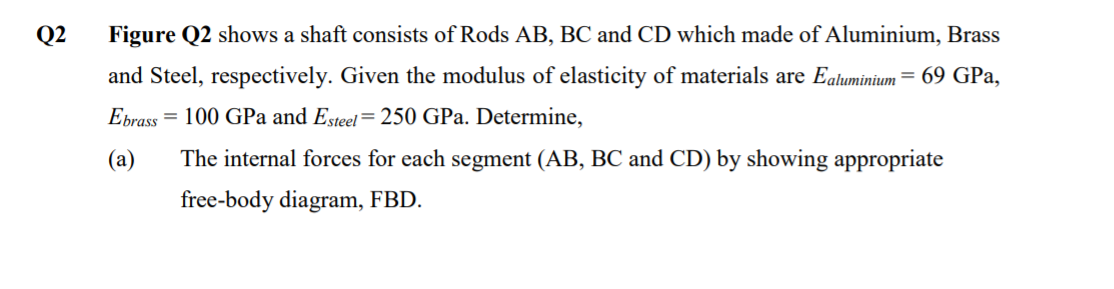Q2
Figure Q2 shows a shaft consists of Rods AB, BC and CD which made of Aluminium, Brass
and Steel, respectively. Given the modulus of elasticity of materials are Ealuminium = 69 GPa,
Ebrass = 100 GPa and Esteel=250 GPa. Determine,
(a)
The internal forces for each segment (AB, BC and CD) by showing appropriate
free-body diagram, FBD.
