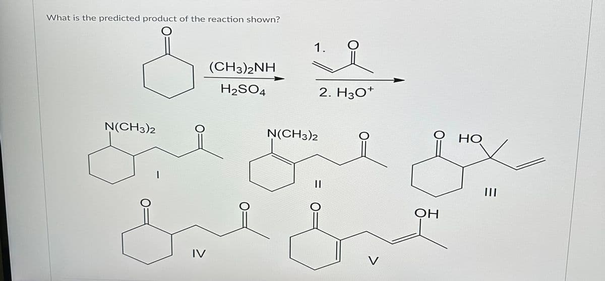 What is the predicted product of the reaction shown?
O
&
N(CH3)2
|
IV
(CH3)2NH
H₂SO4
1.
N(CH3)2
2. H3O+
||
ОН
HO
|||