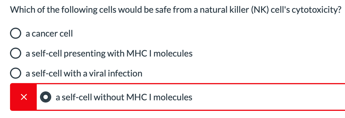 Which of the following cells would be safe from a natural killer (NK) cell's cytotoxicity?
O a cancer cell
a self-cell presenting with MHCI molecules
O a self-cell with a viral infection
a self-cell without MHCI molecules
