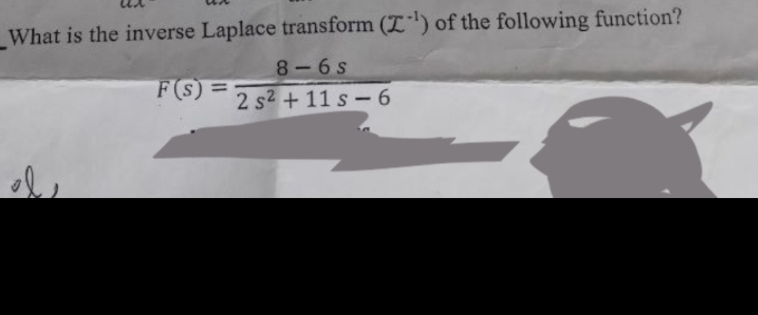What is the inverse Laplace transform (¹) of the following function?
8-6s
2 s² + 11s-6
F(S)
=