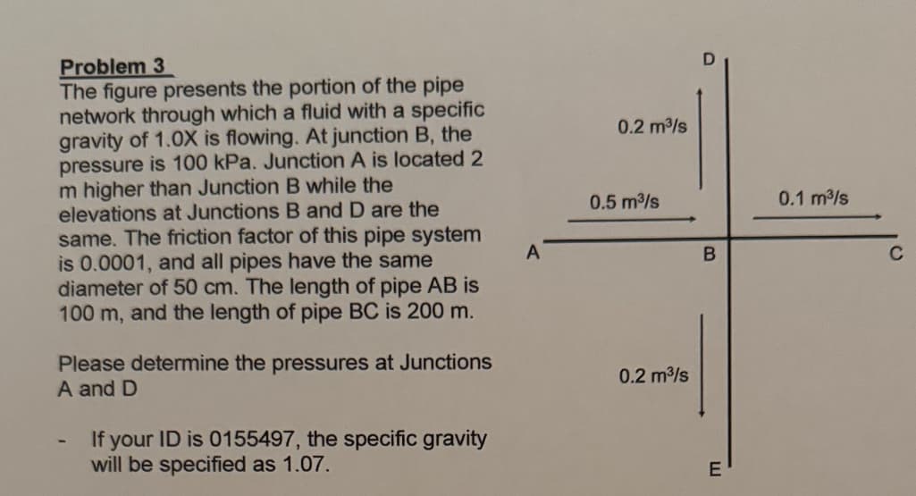 Problem 3
The figure presents the portion of the pipe
network through which a fluid with a specific
gravity of 1.0X is flowing. At junction B, the
pressure is 100 kPa. Junction A is located 2
m higher than Junction B while the
elevations at Junctions B and D are the
same. The friction factor of this pipe system
is 0.0001, and all pipes have the same
diameter of 50 cm. The length of pipe AB is
100 m, and the length of pipe BC is 200 m.
Please determine the pressures at Junctions
A and D
If your ID is 0155497, the specific gravity
will be specified as 1.07.
A
0.2 m³/s
0.5 m³/s
0.2 m³/s
B
E
0.1 m³/s