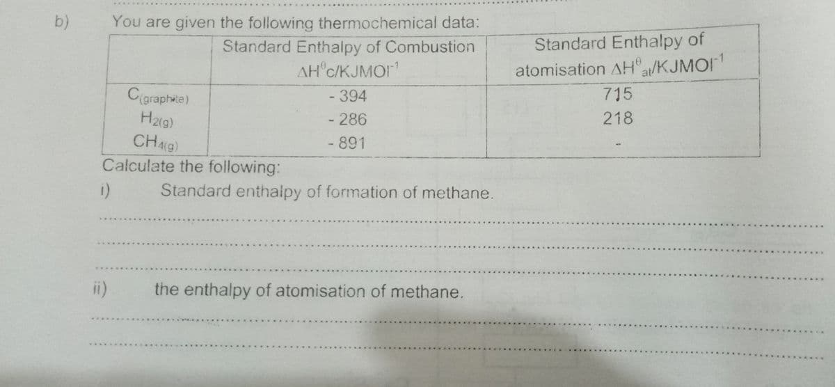 b)
You are given the following thermochemical data:
Standard Enthalpy of
Standard Enthalpy of Combustion
AH c/KJMOI1
atomisation AHa/KJMOI
C(graphwie)
H2(g)
- 394
715
- 286
218
CHG
Calculate the following:
- 891
Standard enthalpy of formation of methane.
i)
the enthalpy of atomisation of methane.
