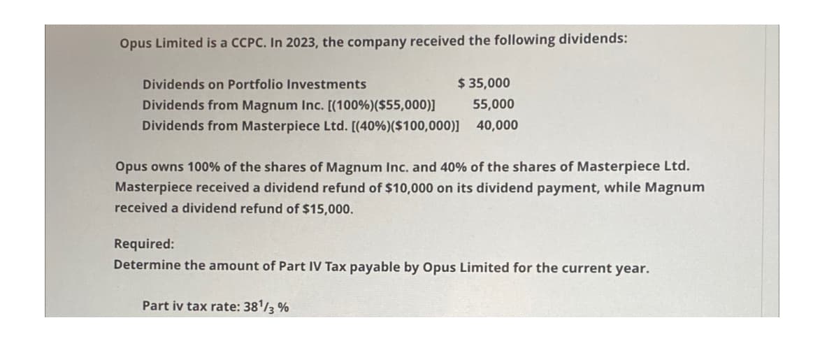 Opus Limited is a CCPC. In 2023, the company received the following dividends:
Dividends on Portfolio Investments
Dividends from Magnum Inc. [(100%) ($55,000)]
Dividends from Masterpiece Ltd. [(40%) ( $100,000)]
$ 35,000
55,000
40,000
Opus owns 100% of the shares of Magnum Inc. and 40% of the shares of Masterpiece Ltd.
Masterpiece received a dividend refund of $10,000 on its dividend payment, while Magnum
received a dividend refund of $15,000.
Required:
Determine the amount of Part IV Tax payable by Opus Limited for the current year.
Part iv tax rate: 38¹3%