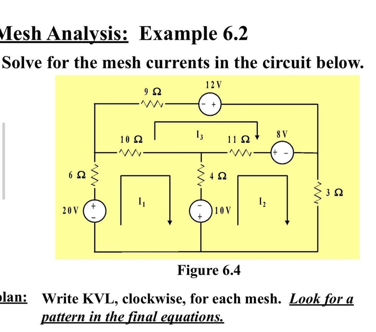 Mesh Analysis: Example 6.2
Solve for the mesh currents in the circuit below.
12 V
I3
8 V
10 2
11 2
6 2
4 2
3 2
+
20 V
10V
+
Figure 6.4
olan: Write KVL, clockwise, for each mesh. Look for a
pattern in the final equations.
