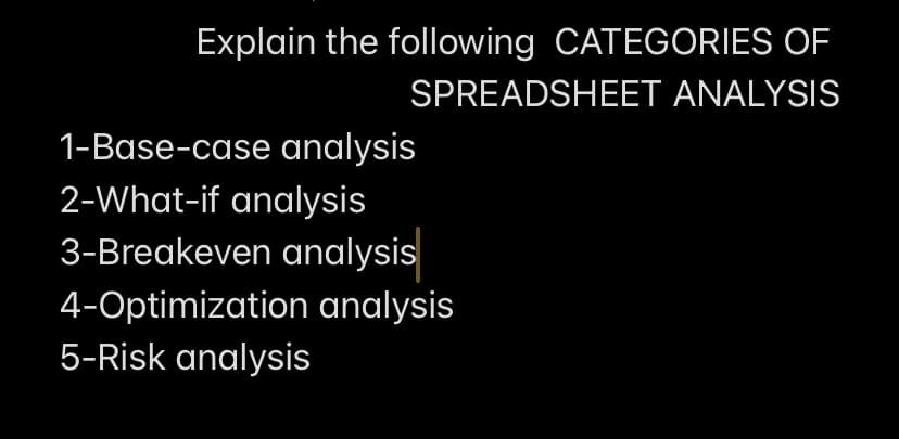 Explain the following CATEGORIES OF
SPREADSHEET ANALYSIS
1-Base-case analysis
2-What-if analysis
3-Breakeven analysis
4-Optimization analysis
5-Risk analysis
