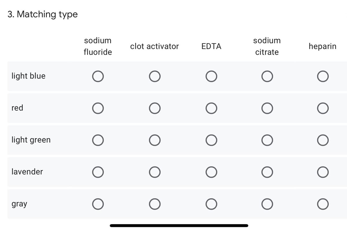 3. Matching type
sodium
sodium
clot activator
EDTA
heparin
fluoride
citrate
light blue
red
light green
lavender
gray
