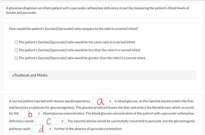 A physician diagnoses an infant patient witha pyruvate carboxylase deficiency in part by measuring the patient's blood levels of
lactate and pyruvate.
How would the patient's [lactate/[pyruvate] ratio compare to the ratio in a normal infant?
The patient's [lactate]//pyruvate] ratio would be the same ratio in a normal infant.
O The patient's [lactate]/[pyruvate] ratio would be less than the ratio in a normal infant.
O The patient's [lactate/[pyruvate] ratio would be greater than the ratio in a normal infant.
eTextbook and Media
A normal patient injected with alanine would experience a o in blood glucose, as the injected alanine enters the liver
and becomes a substrate for gluconeogenesis. The glucose produced leaves the liver and enters the bloodstream, which accounts
b • blood glucose concentration. The blood glucose concentration of the patient with a pyruvate carboxylase
for the
O. The injected alanine would be successfully converted to pyruvate, but the gluconeogenic
• further in the absence of pyruvate carboxylase.
deficiency would
pathway could d
