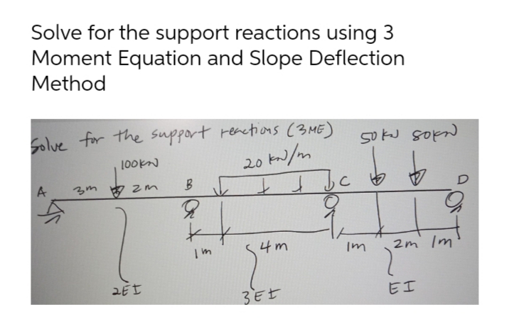 Solve for the support reactions using 3
Moment Equation and Slope Deflection
Method
Solve for the support reactions (3ME)
20 kN/m
100k
A
3m 皮 2m
4m
2m Im
3Et
EI
