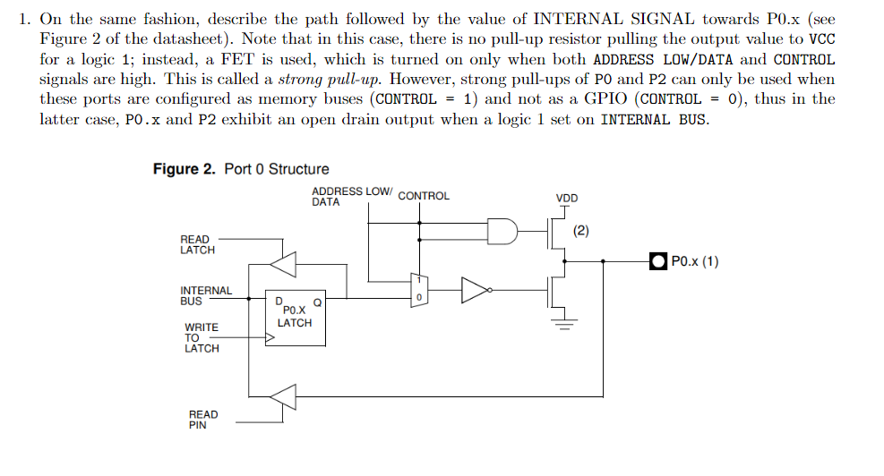 1. On the same fashion, describe the path followed by the value of INTERNAL SIGNAL towards P0.x (see
Figure 2 of the datasheet). Note that in this case, there is no pull-up resistor pulling the output value to VCC
for a logic 1; instead, a FET is used, which is turned on only when both ADDRESS LOW/DATA and CONTROL
signals are high. This is called a strong pull-up. However, strong pull-ups of PO and P2 can only be used when
these ports are configured as memory buses (CONTROL= 1) and not as a GPIO (CONTROL = 0), thus in the
latter case, PO.x and P2 exhibit an open drain output when a logic 1 set on INTERNAL BUS.
Figure 2. Port 0 Structure
READ
LATCH
INTERNAL
BUS
WRITE
TO
LATCH
READ
PIN
ADDRESS LOW/ CONTROL
DATA
DPO.X Q
LATCH
VDD
(2)
PO.x (1)