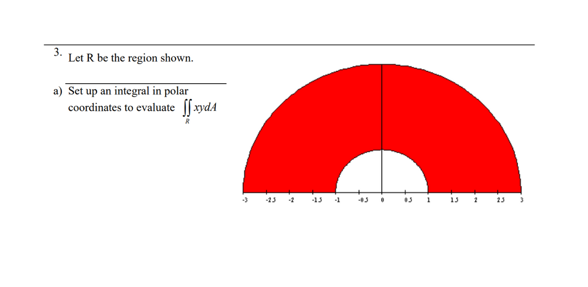 3.
Let R be the region shown.
a) Set up an integral in polar
coordinates to evaluate fxydA
R
-3
-25
-2
-15
-1
-0.5
0
05
1
15
2
25
3