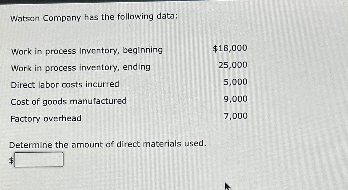 Watson Company has the following data:
Work in process inventory, beginning
Work in process inventory, ending
Direct labor costs incurred
Cost of goods manufactured
Factory overhead
Determine the amount of direct materials used.
$18,000
25,000
5,000
9,000
7,000