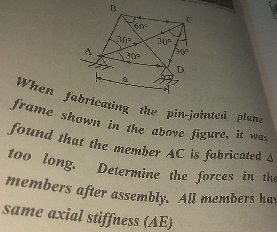 B
found that the member AC is fabricated A
frame shown in the above figure, it was
When fabricating the pin-jointed plane
members after assembly. All members hay
60°
30°
30°
30°
A
30°
D
a
Jrame shown in the above figure, u was
Jound that the member AC is fabricated A
too long.
Determine the forces in the
members after assembly. All members hav
same axial stiffness (AE)
