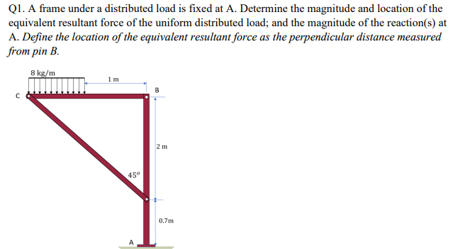 Q1. A frame under a distributed load is fixed at A. Determine the magnitude and location of the
equivalent resultant force of the uniform distributed load; and the magnitude of the reaction(s) at
A. Define the location of the equivalent resultant force as the perpendicular distance measured
from pin B.
8 kg/m
с
1m
45°
>
B
2 m
0.7m